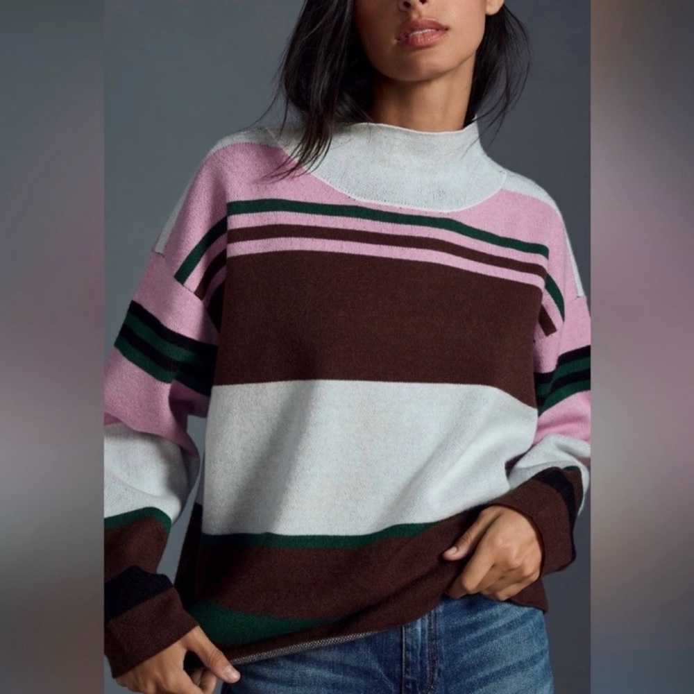 Anthropologie Maeve The Carey's mock neck Striped Crewneck Sweater S Medium